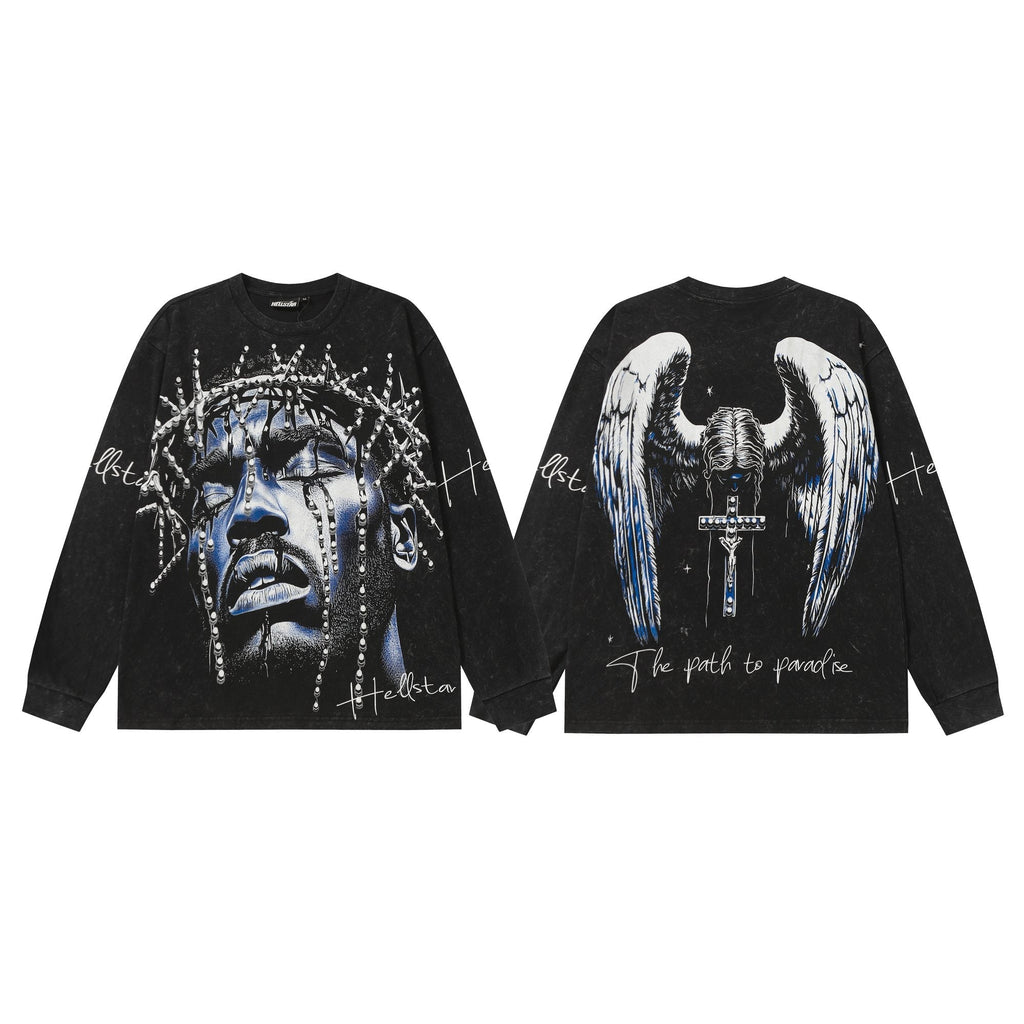 Hellstar Washed Black Wing Cross Long-Sleeve T-Shirt — hero