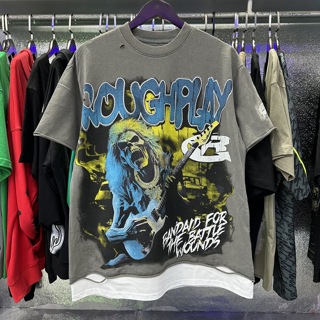 Rough Play Rock Skull Rhinestone Graphic Short-Sleeve T-Shirt — context