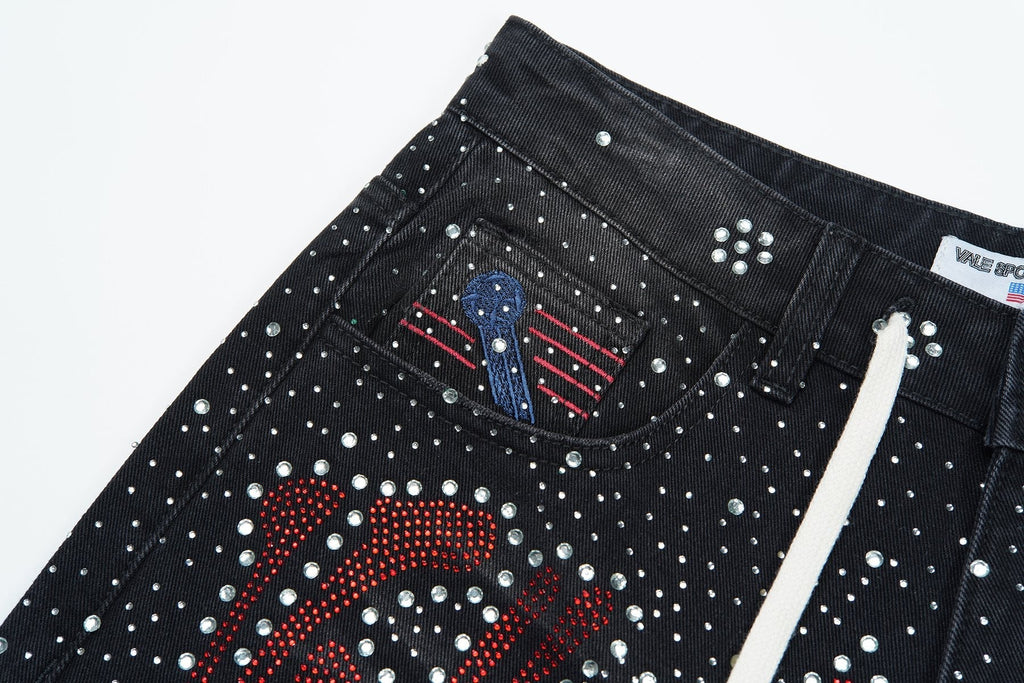 VALLEY Iced Out Rhinestone Denim Jorts — detail