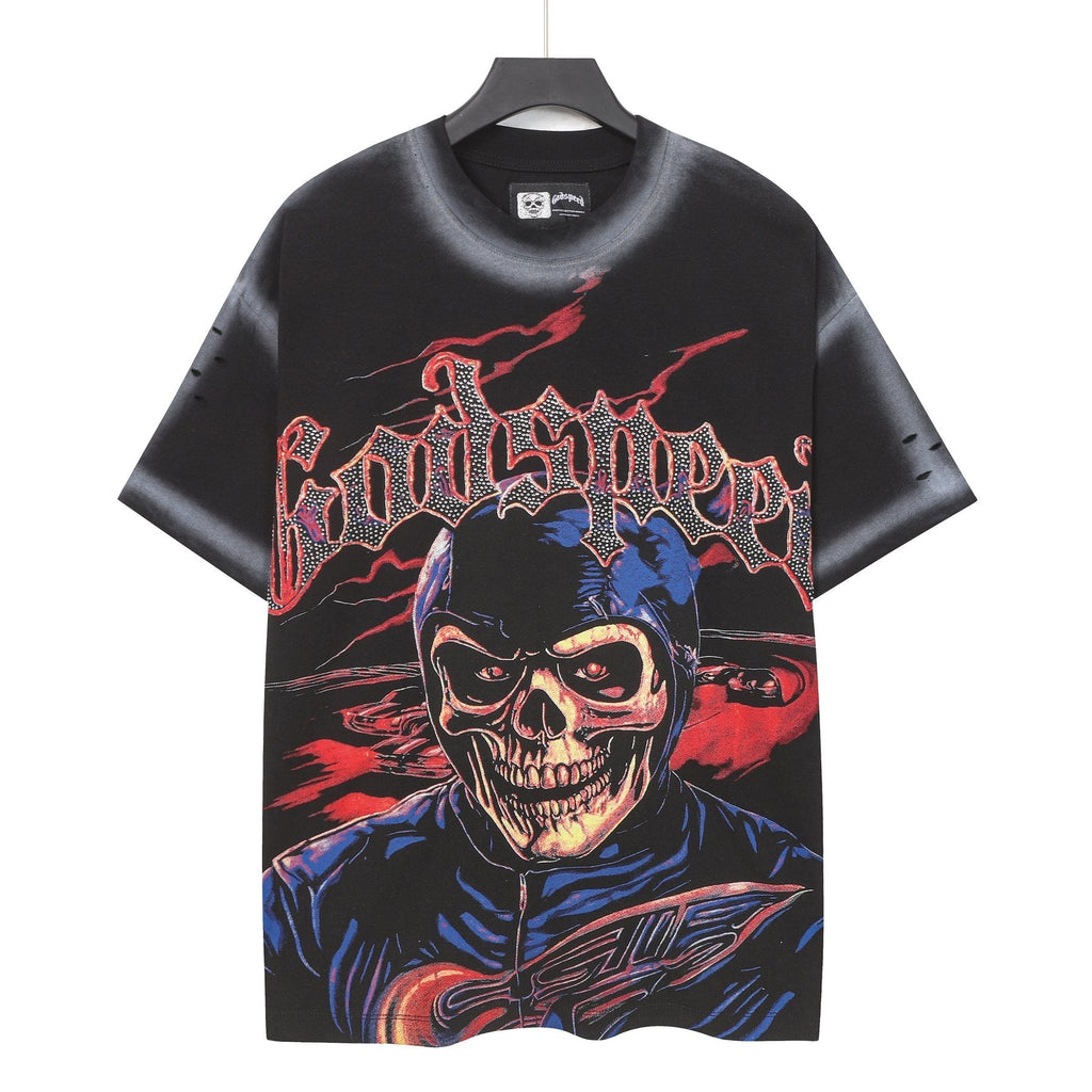 Godspeed Skull Graphic Distressed Sleeve T-Shirt — front