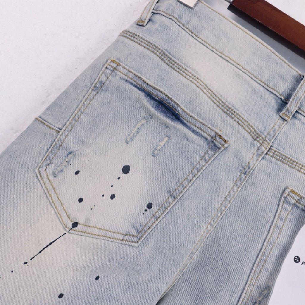 Purple Brand Light Blue Distressed Paint Splatter Jeans — detail