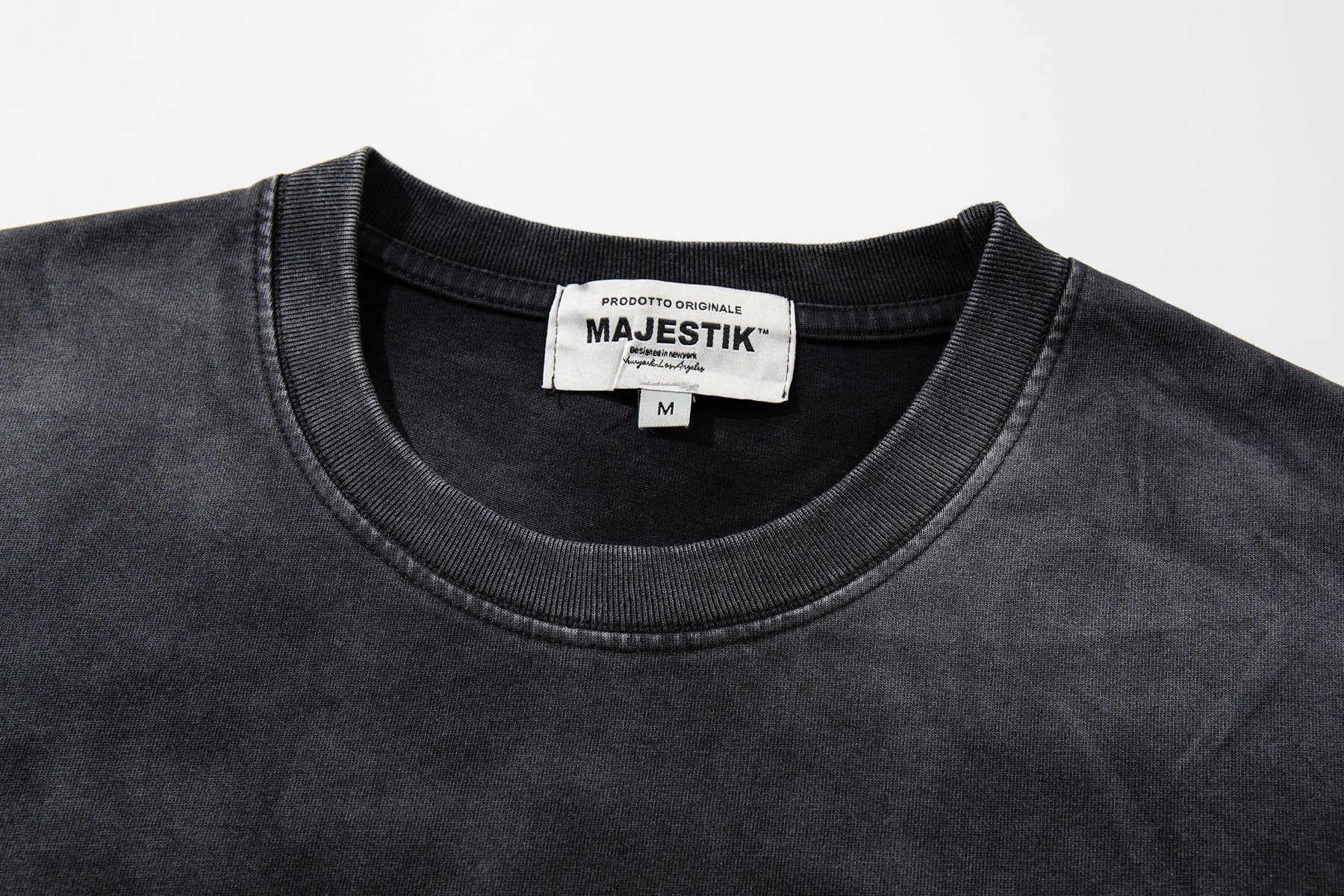 MAJESTIK Washed Black Distressed Graphic T-Shirt — neck_label
