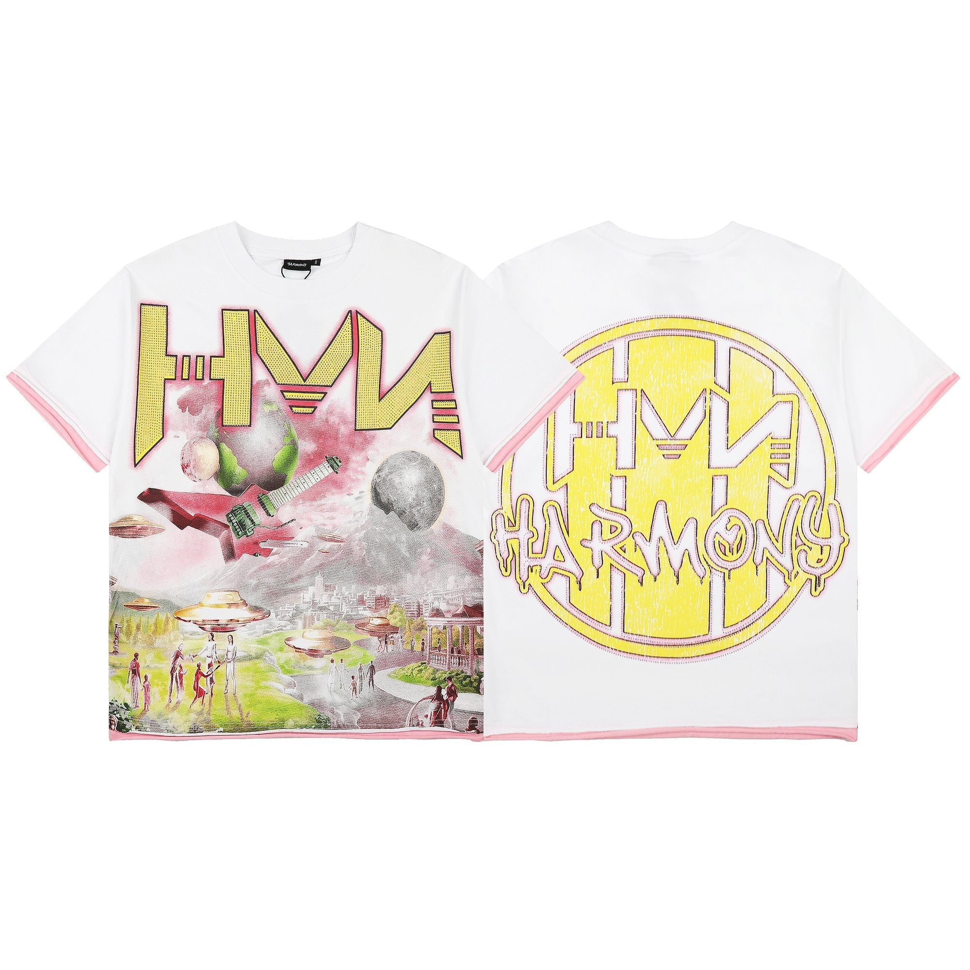 HARMONY Pink-Trim Distressed Graphic T-Shirt — hero