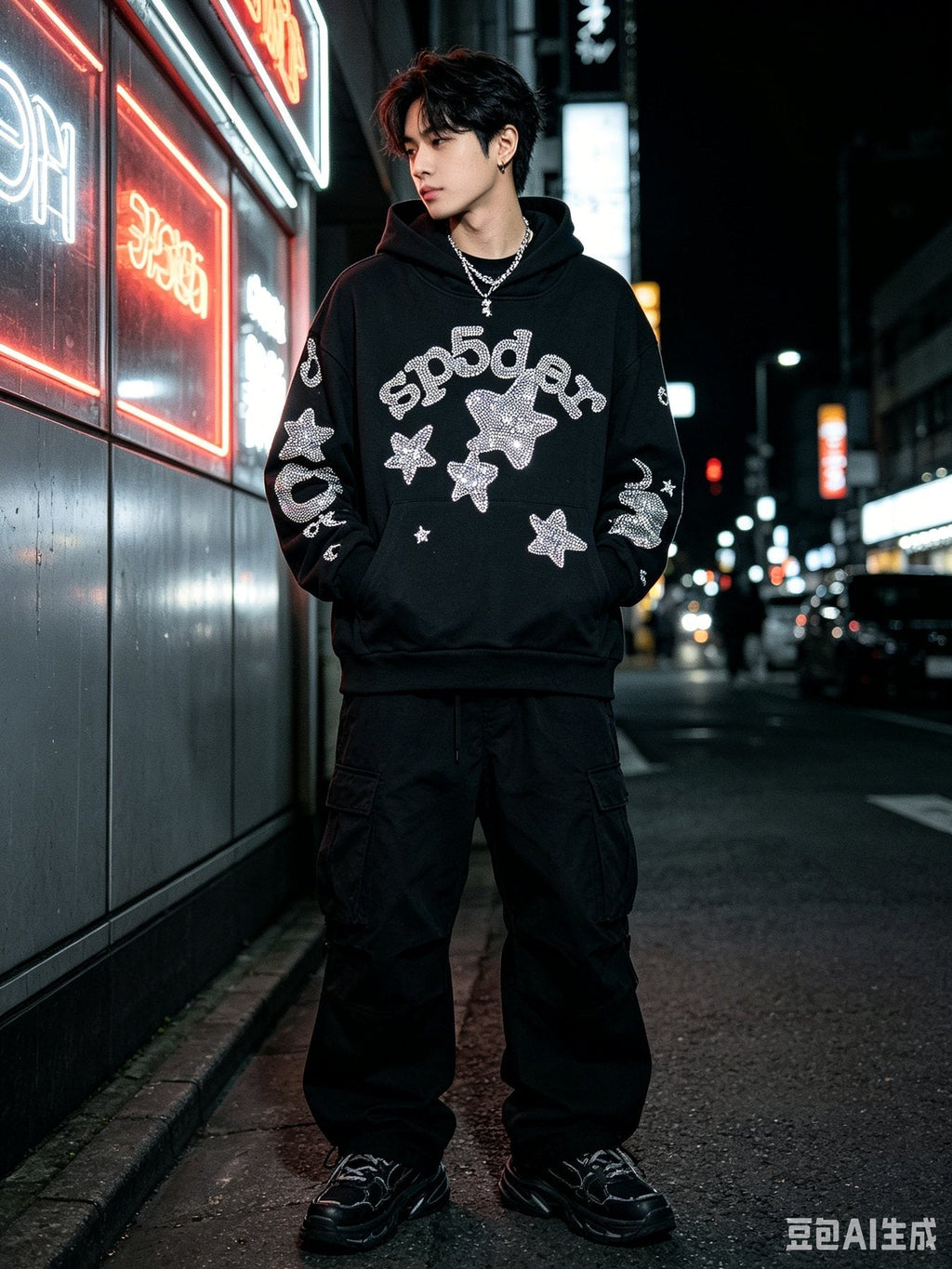Sp5der Silver Rhinestone-Style Graphic Hoodie — context
