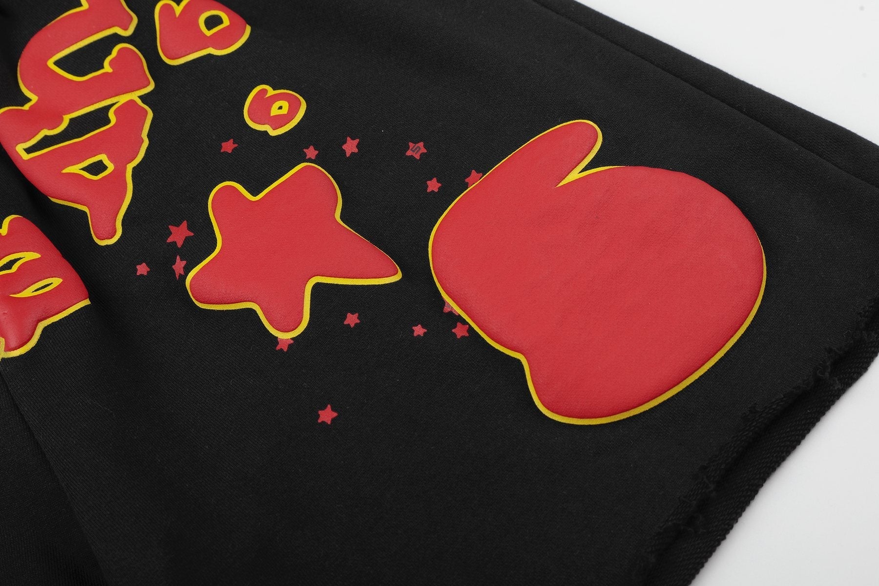 Sp5der Black Graphic Raw-Hem Shorts — detail