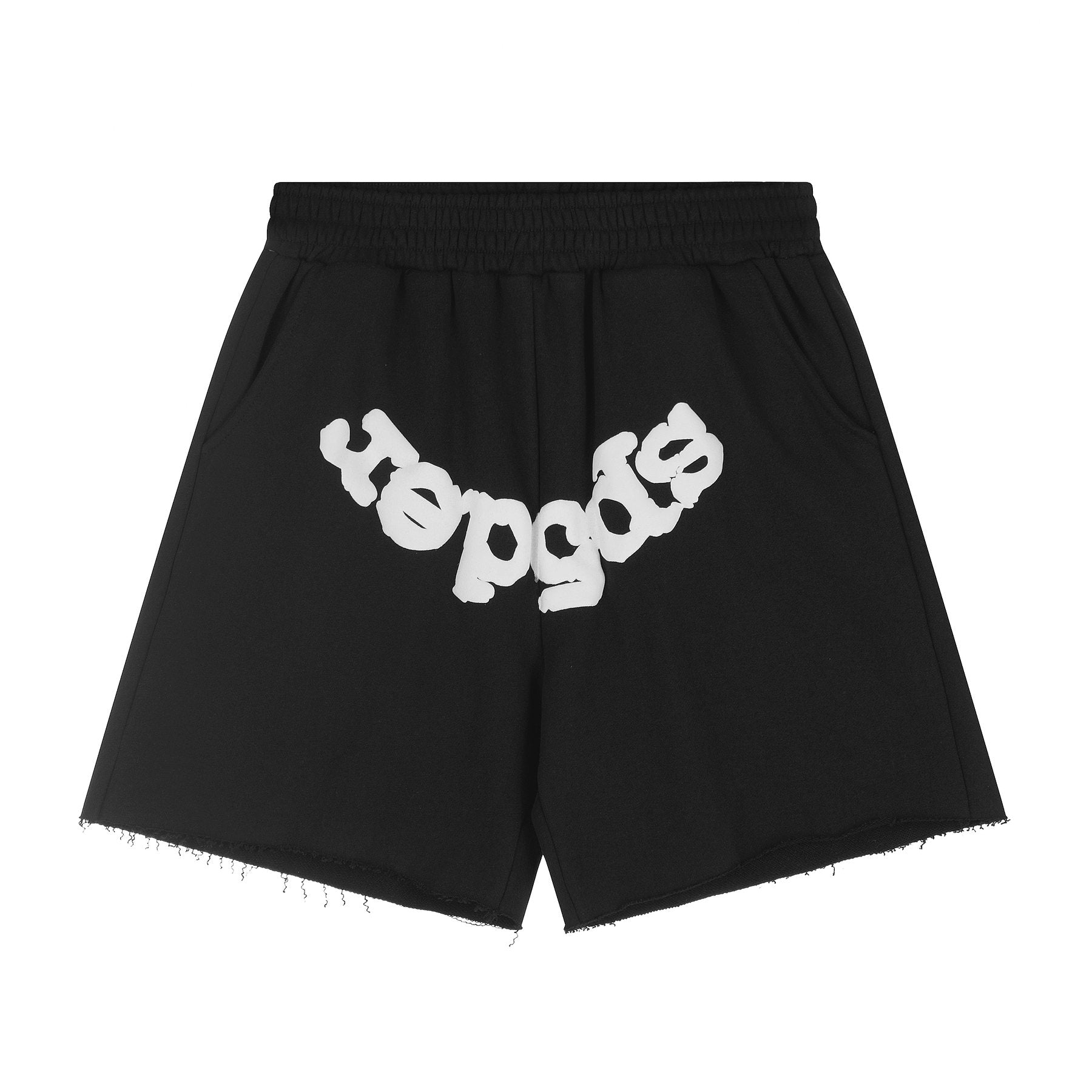 Sp5der Curved Wordmark Raw-Hem Shorts — hero