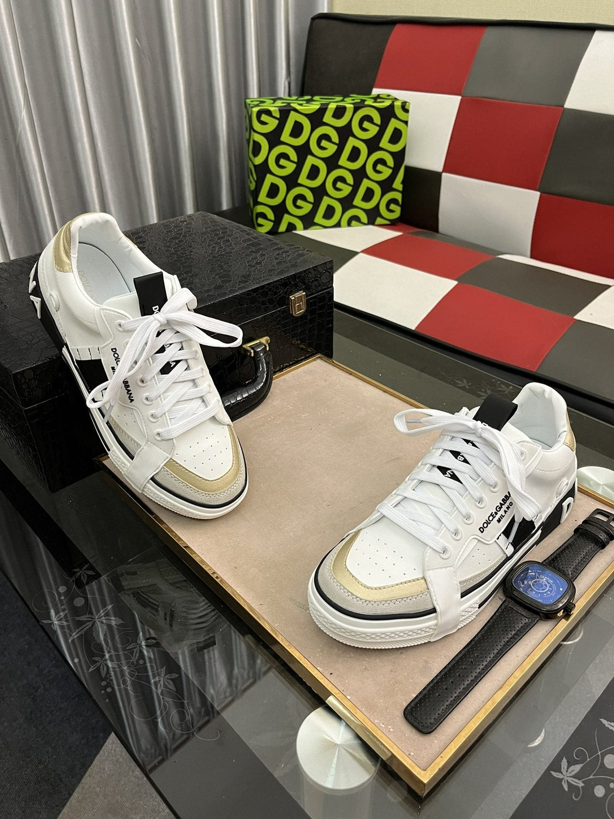 Dolce & Gabbana White, Cream & Black Lace-Up Sneakers — front