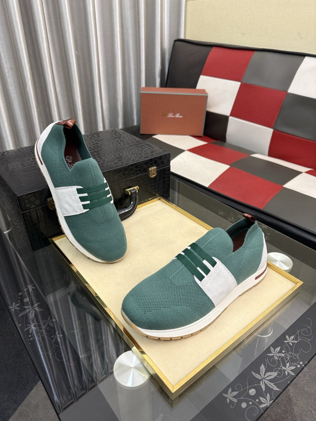 Men's Teal Green Slip-On Sneakers with White Band — front