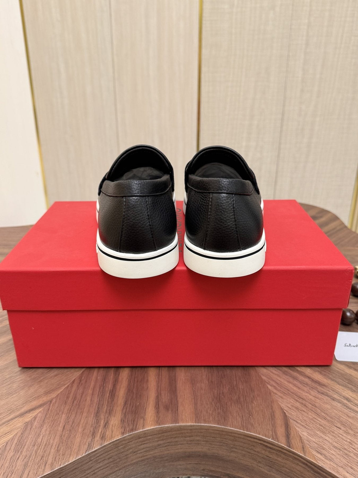 Salvatore Ferragamo Black Loafers with White Soles — back