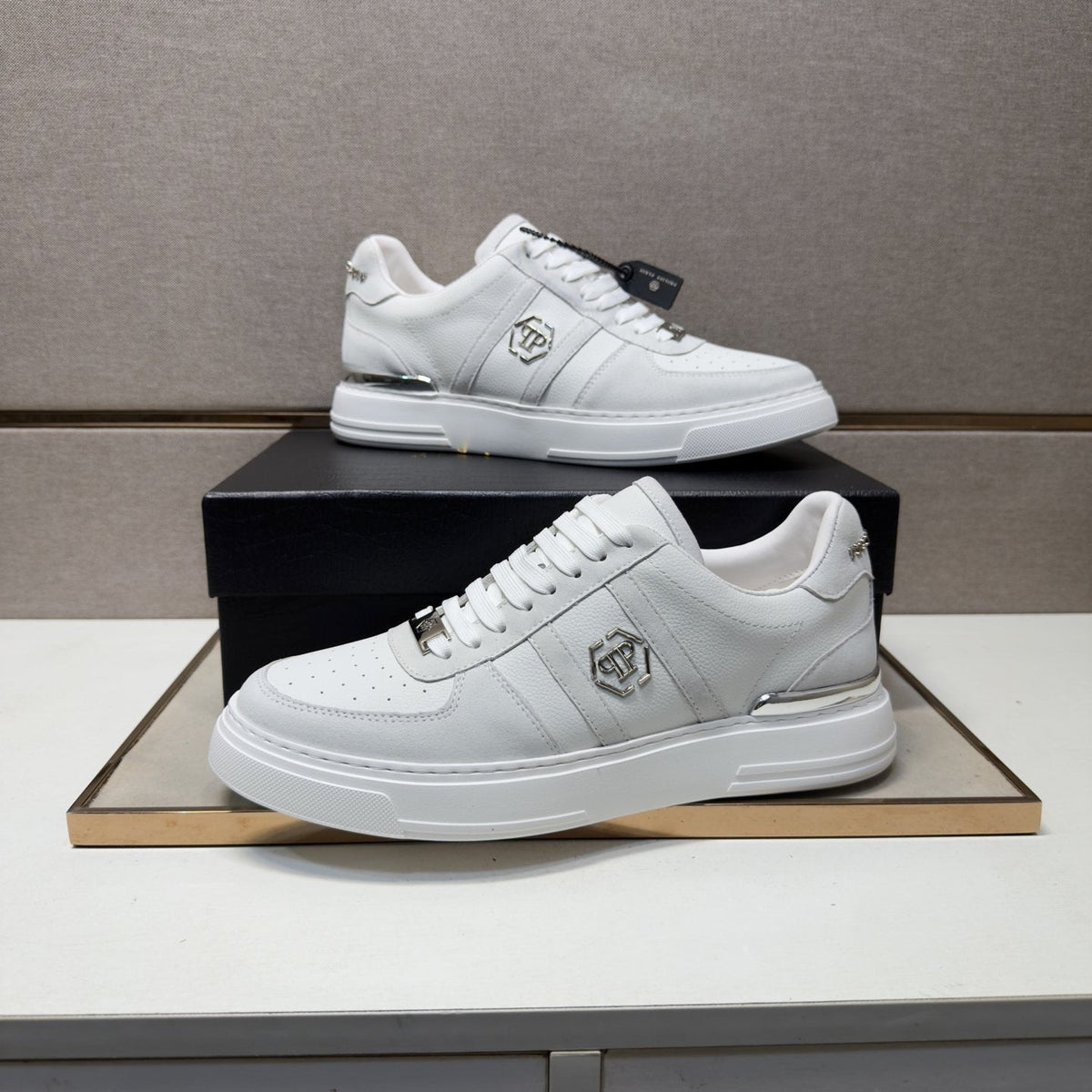 Philipp Plein White Low-Top Sneakers with Silver Accents — side