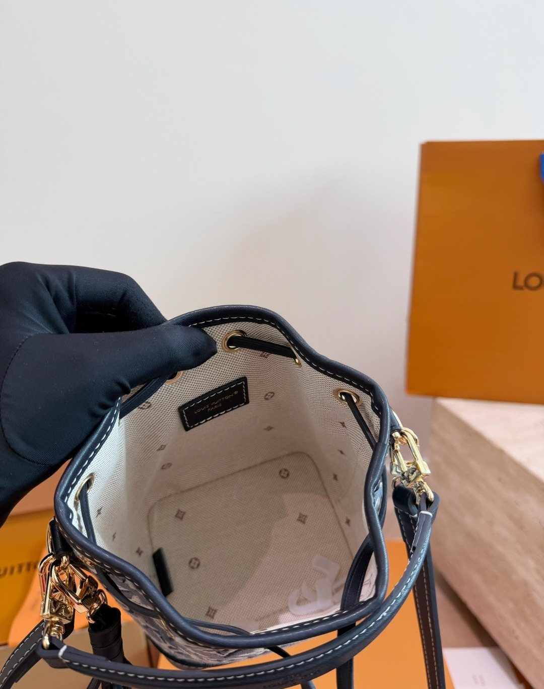 Louis Vuitton Nano Noe Blue-Gray Monogram Bucket Bag — detail