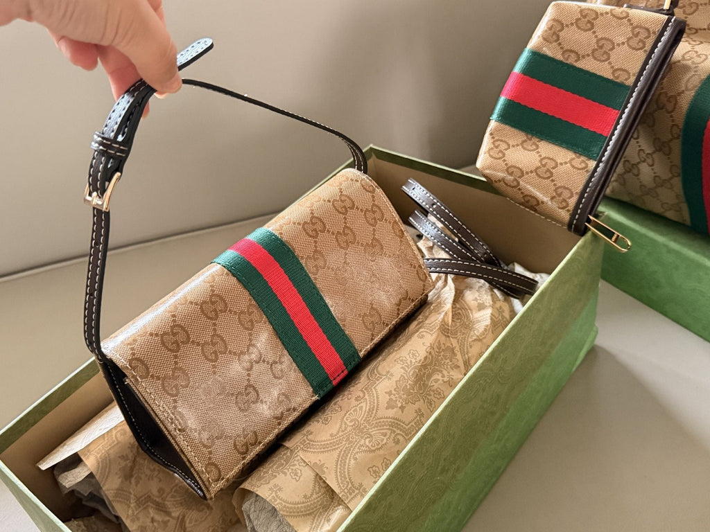 GG-Patterned Baguette Shoulder Bag with Striped Band — front