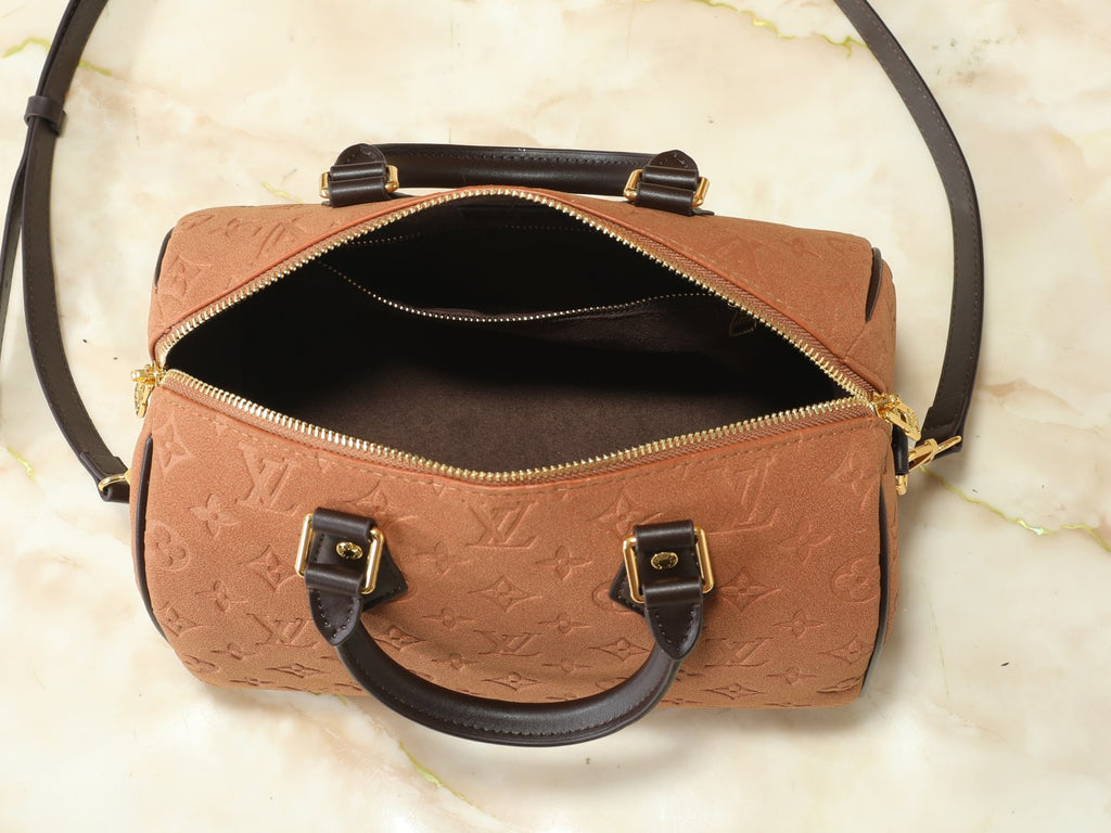Louis Vuitton Speedy Bandoulière Embossed Suede Handbag — detail