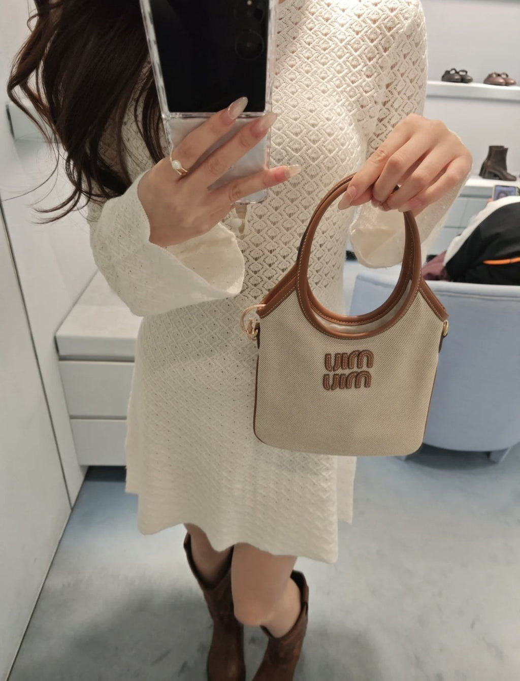 Miu Miu Ivy Canvas Tote Bag with Brown Trim — model