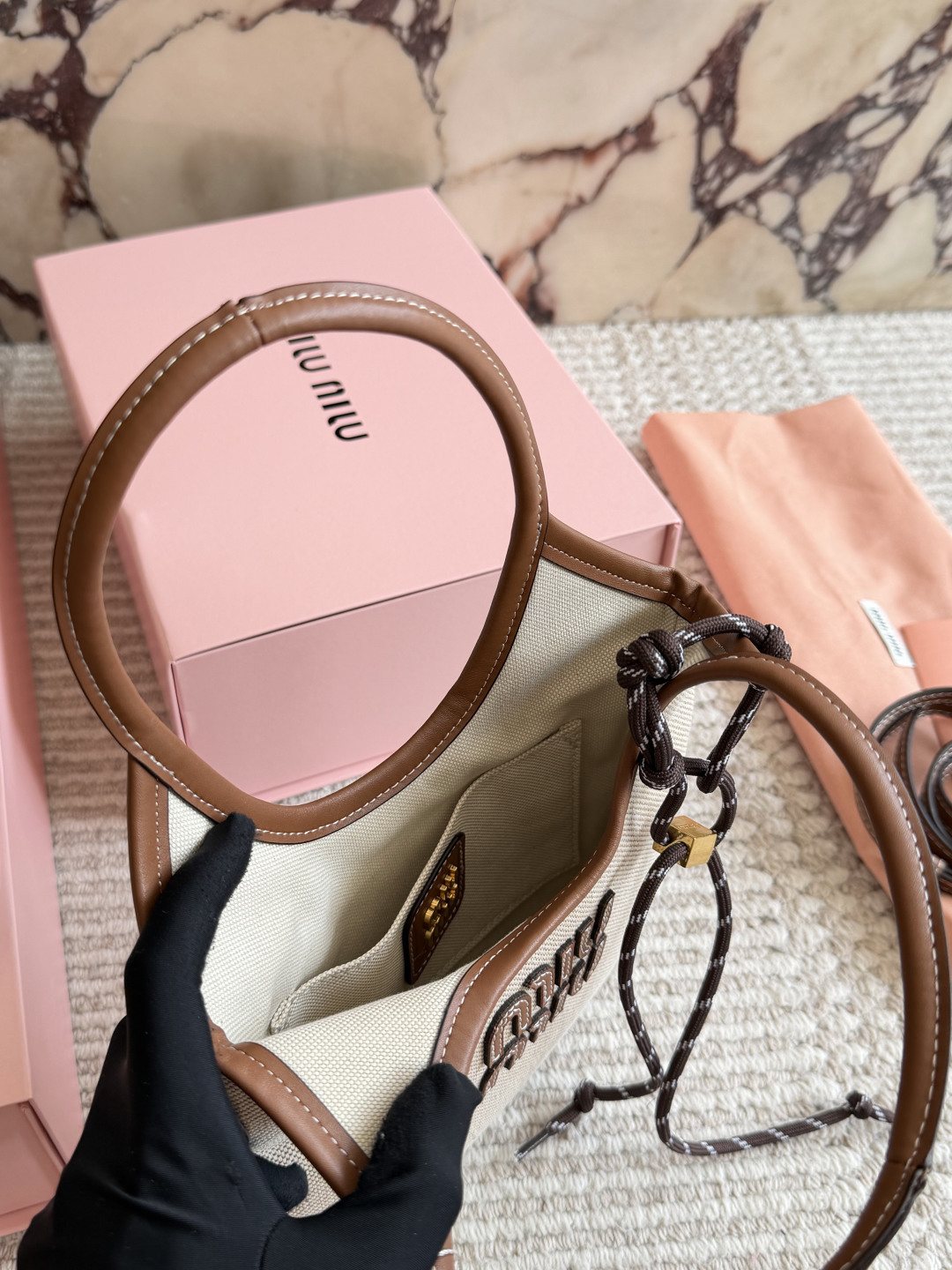 Miu Miu Ivy Canvas Tote Bag with Brown Trim — front