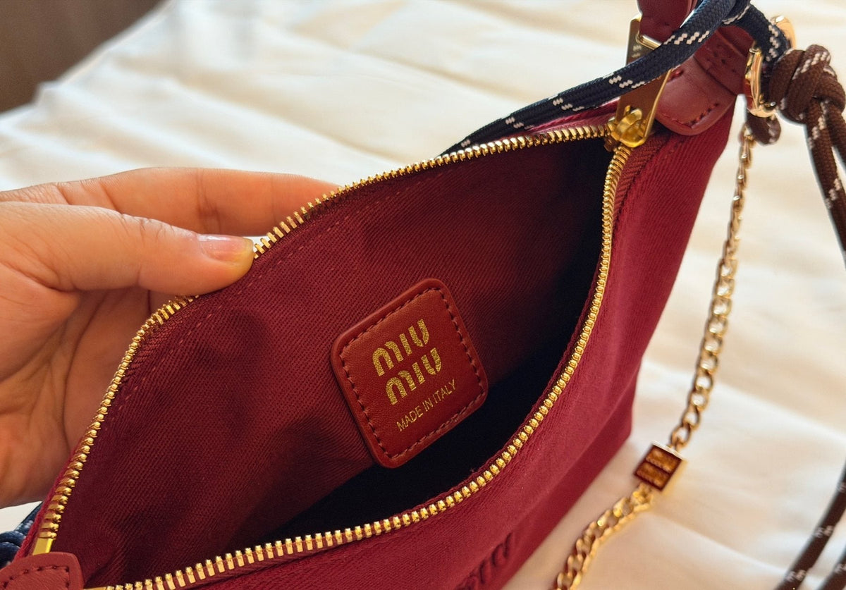 Miu Miu Burgundy Canvas Rope-Strap Shoulder Bag — detail