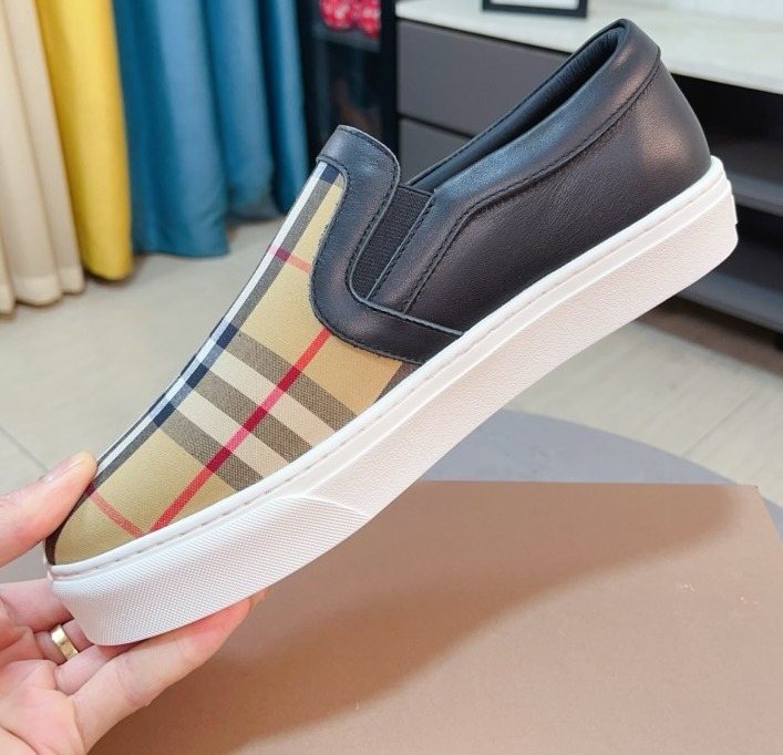Burberry Men's Beige Plaid Slip-On Shoes — front