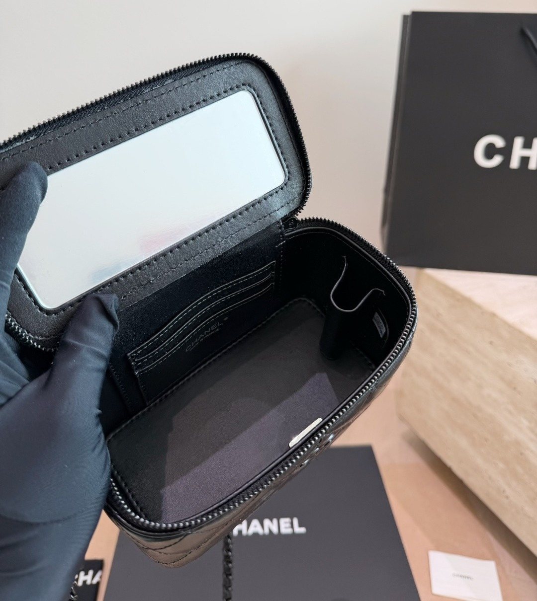 Chanel Diamond-Quilted Top Handle Vanity Bag — detail