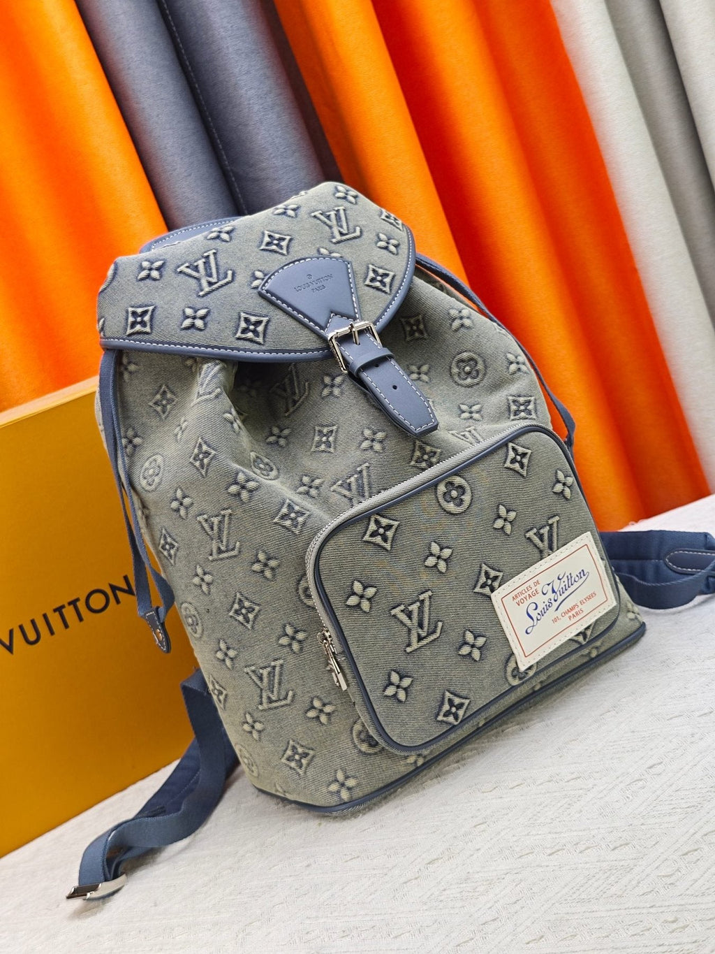 Louis Vuitton Montsouris Faded Denim Monogram Backpack — front