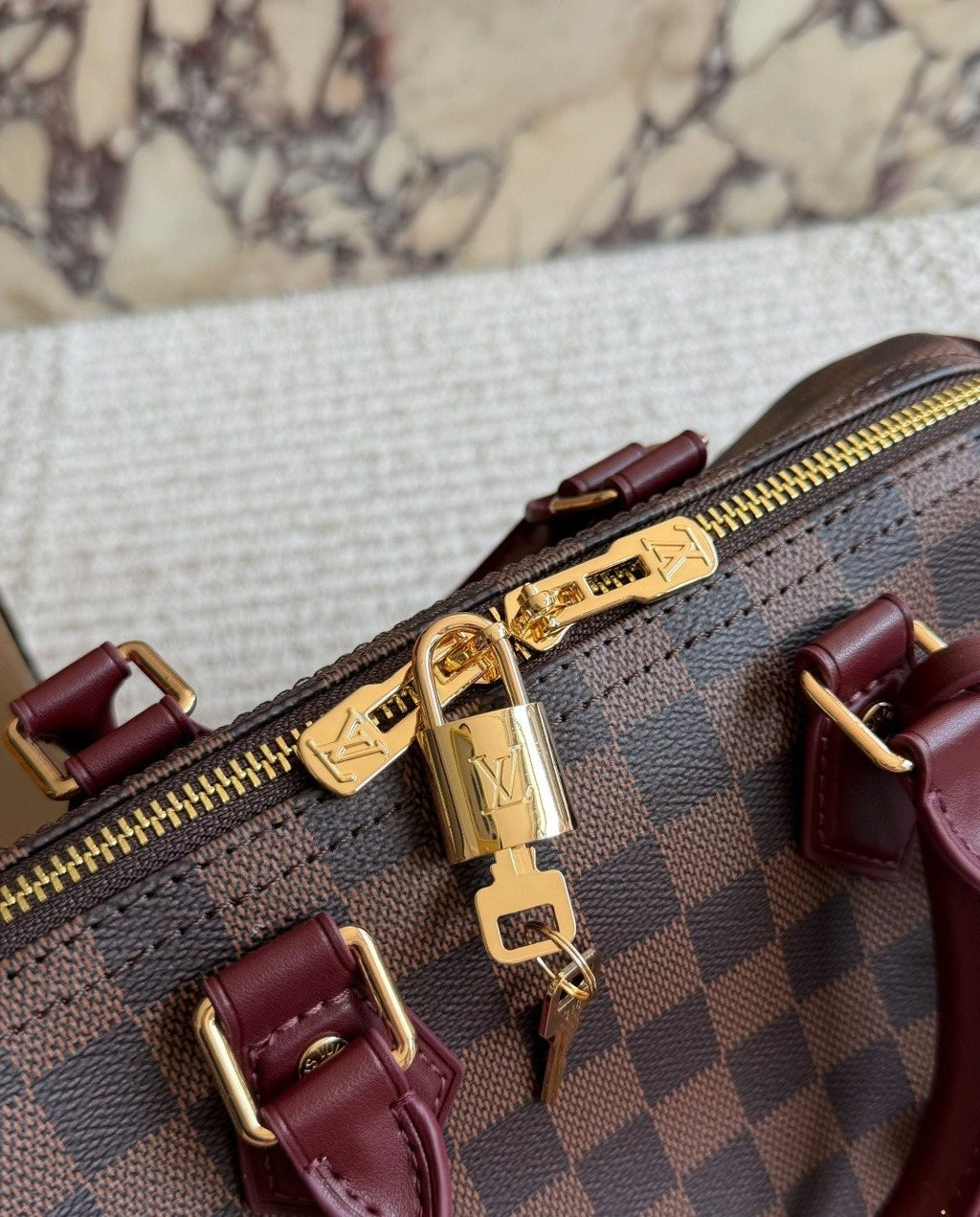 Louis Vuitton Speedy Checker Bag with Burgundy Trim — detail