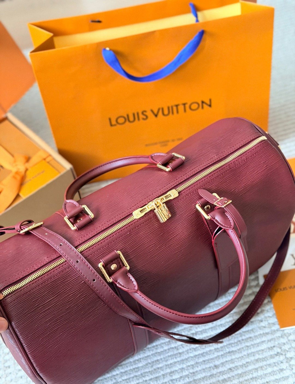 Louis Vuitton Keepall Burgundy Leather Travel Bag — detail
