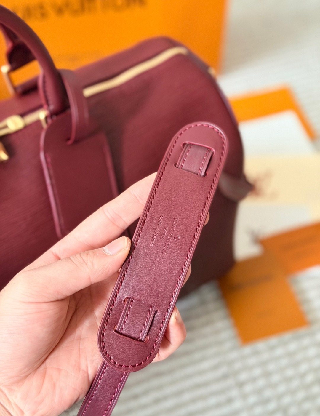Louis Vuitton Keepall Burgundy Leather Travel Bag — detail